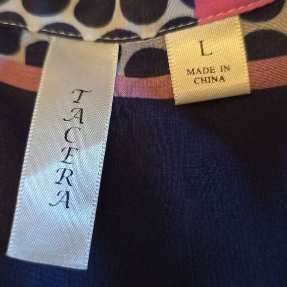 Tacera Women's L Navy White Polka Dor Pink Stripe Adjustable Sleeve Pullover Top - Picture 7 of 11